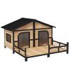 PawHut 59"x64"x39" Large Wooden Dog House Raised Weatherproof Rustic Log Cabin Style Elevated Pet Shelter Porch Deck, Natural