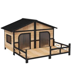 PawHut 59"x64"x39" Large Wooden Dog House Raised Weatherproof Rustic Log Cabin Style Elevated Pet Shelter Porch Deck, Natural
