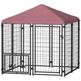 PawHut Welded Wire Outdoor Dog Kennel with 360° Rotating & 4 Levels Adjustable Bowls, Waterproof Cover, 4.6' x 4.6' x 5'