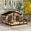 PawHut 59"x64"x39" Large Wooden Dog House Raised Weatherproof Rustic Log Cabin Style Elevated Pet Shelter Porch Deck, Natural